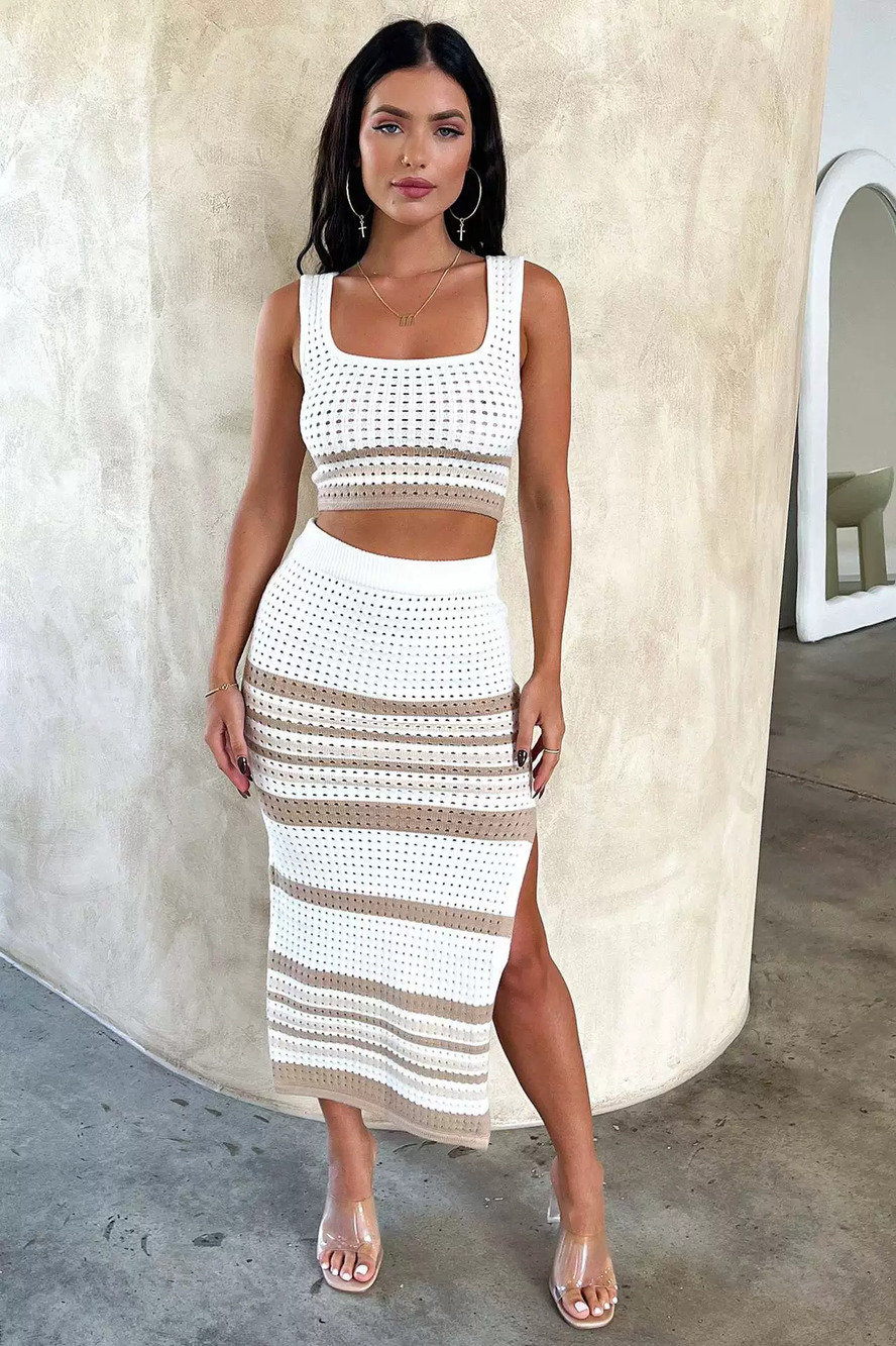ZARA Womens Summer Sleeveless Knit Set Sexy Striped Slit Skirt